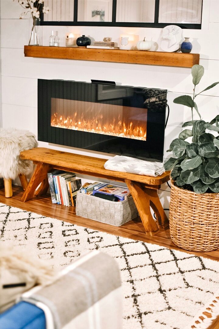 Modern rustic living room design, electric fireplace white shiplap and wood mantel 