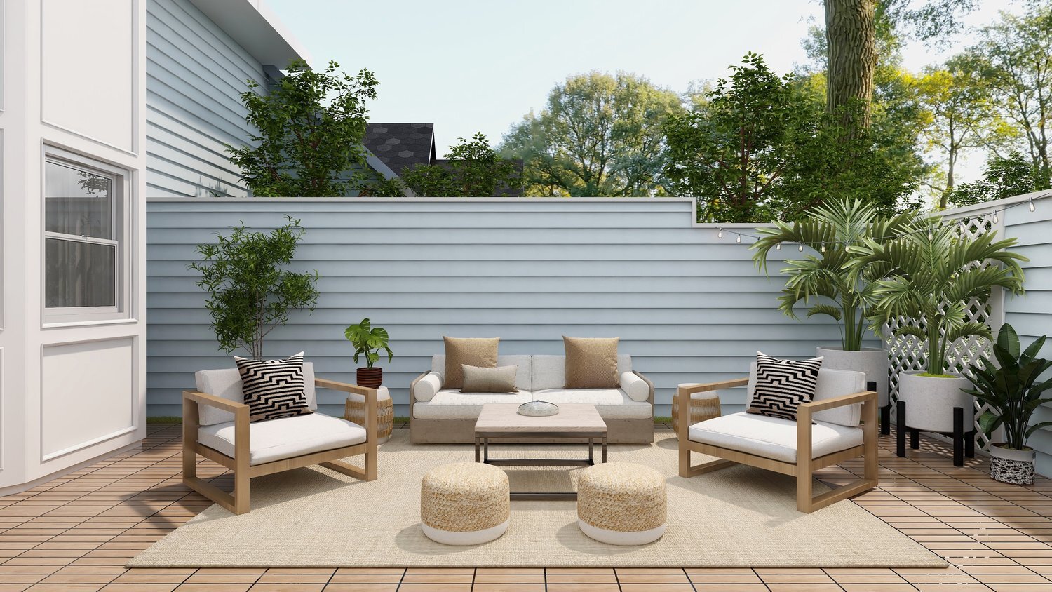 Rendering of a modern deck with patio furniture