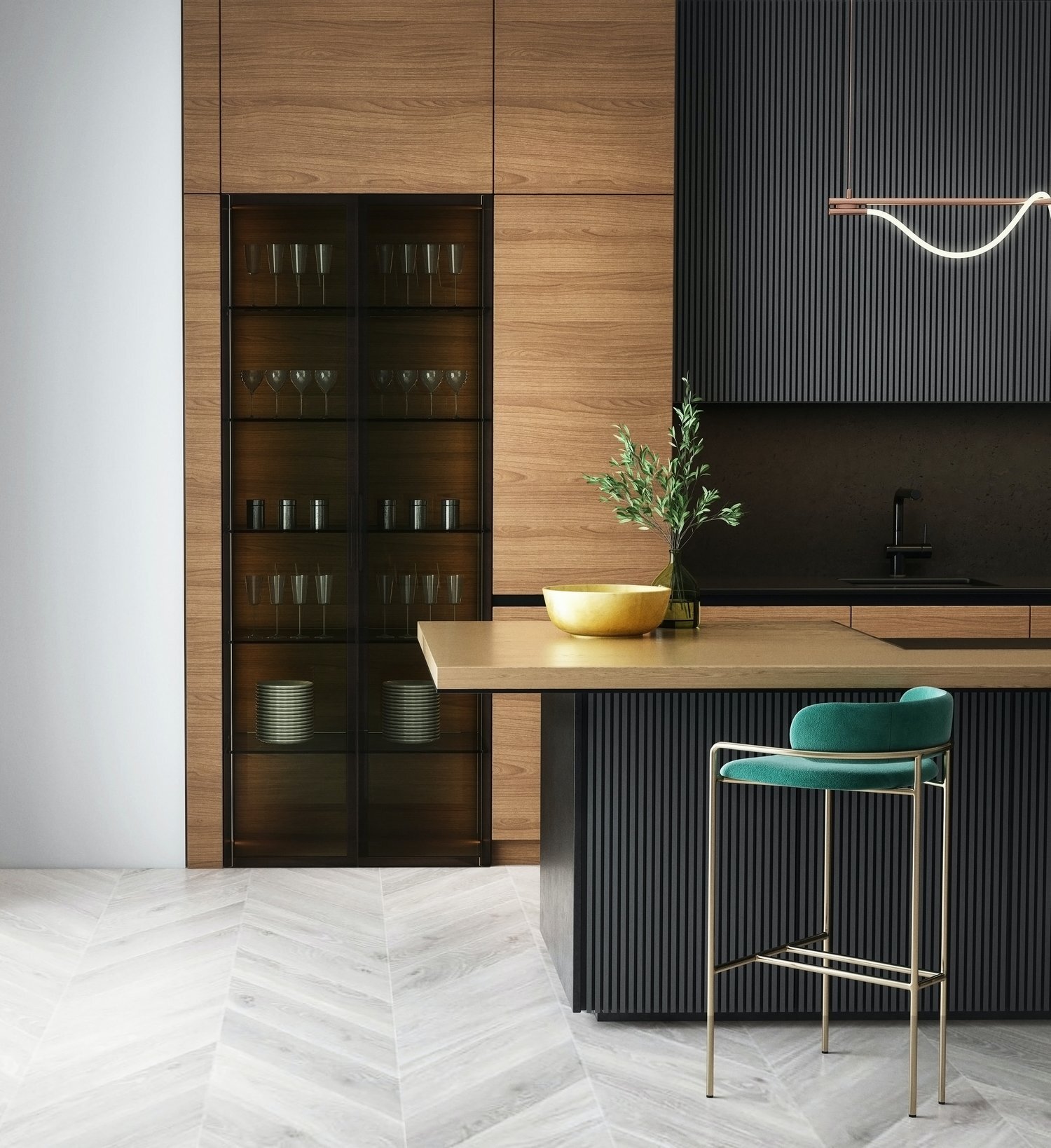 Modern kitchen counter with green and gold accents